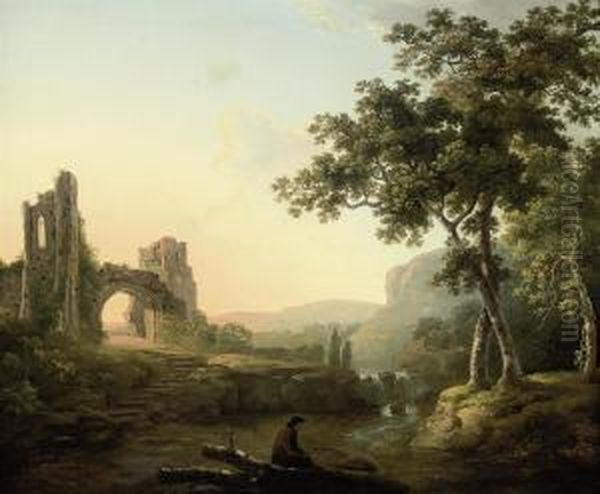 A Wooded River Landscape With A Man And His Dog By A Waterfall,ruins Beyond by George Cuitt