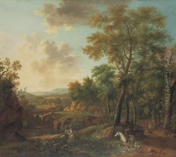 An Extensive Wooded River Landscape With Figures In The Foreground Oil Painting by George Cuitt