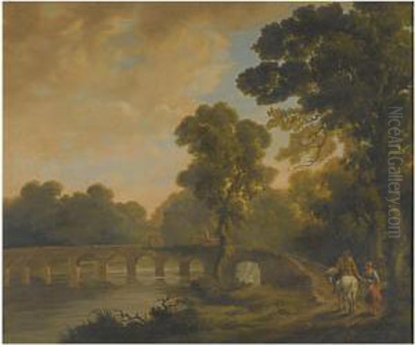 Travellers On A Bridge, In A River Landscape Oil Painting by George Cuitt