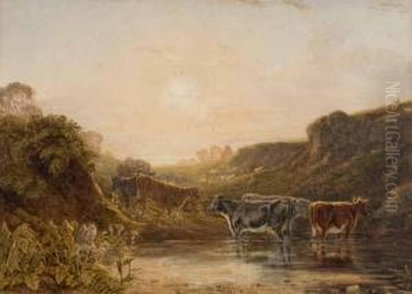 Cattle Watering Oil Painting by George Cuitt