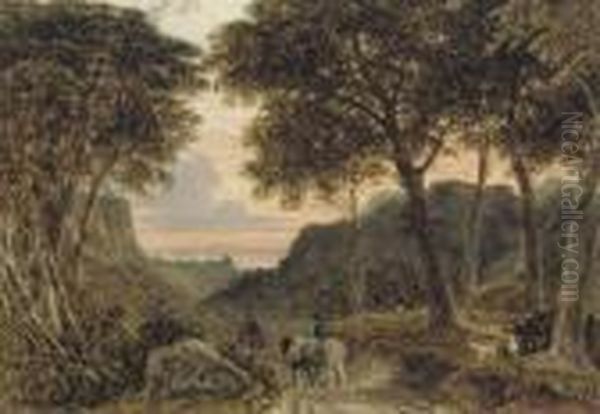 A Wooded Landscape With Travellers At Sunset Oil Painting by George Cuitt