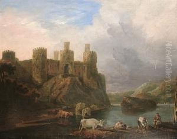 A Romantic Landscape With Fishermen Mending Nets Below A Castle Oil Painting by George Cuitt