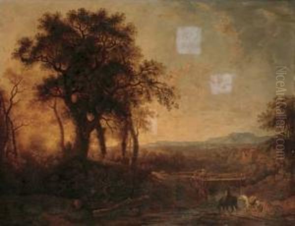 River Landscape With A Traveller
 Watering His Horse And Figures Crossing A Bridge In The Foreground, A 
Mountain Range Beyond Oil Painting by George Cuitt