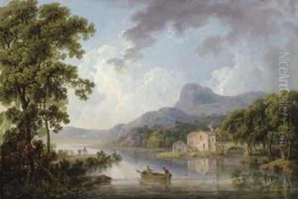 Mountainous Lough With Anglers And A House By A Bridge Oil Painting by George Cuitt