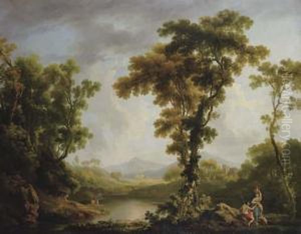 An Italianate Wooded River Landscape Oil Painting by George Cuitt