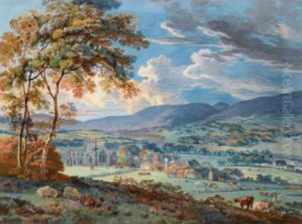 Melrose Abbey, The River Tweed Beyond Oil Painting by George Cuitt