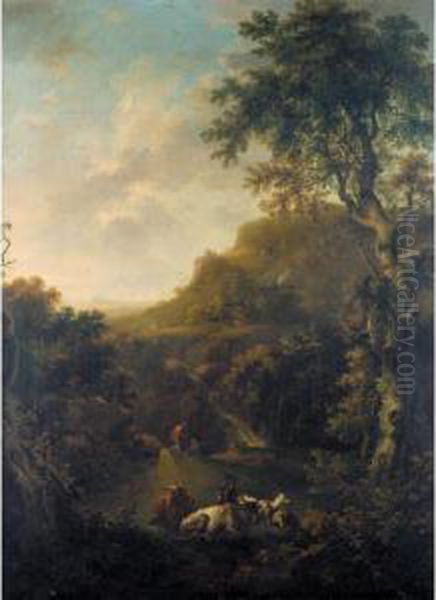 An Extensive Landscape With Cattle In The Foreground And Drovers Resting Beyond Oil Painting by George Cuitt