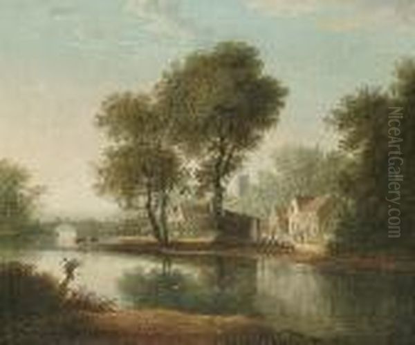 Landscape With Figures Beside A River; Landscape With A Figure On A Country Path Oil Painting by George Cuitt