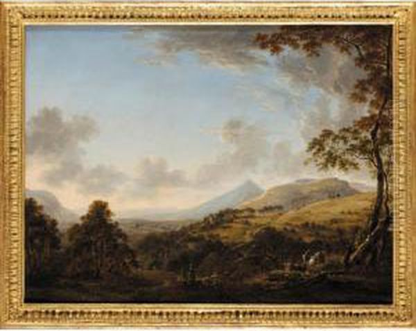 Extensive Landscape With Distant Mountains And Goats In The Foreground Oil Painting by George Cuitt