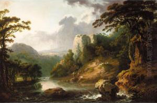 A River Landscape With Fishermen In The Foreground Oil Painting by George Cuitt