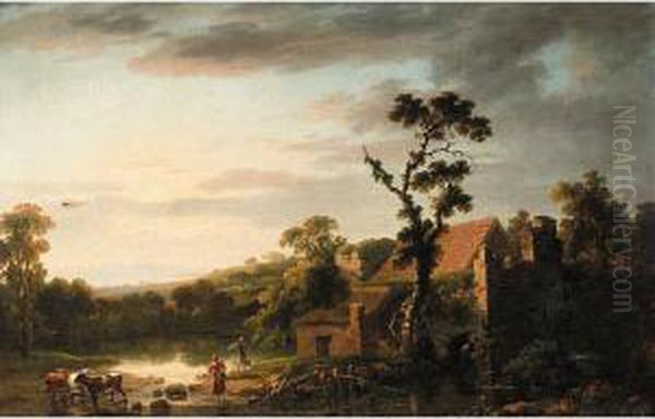 Landscape With Rustics And Cattle By A House In The Foreground Oil Painting by George Cuitt