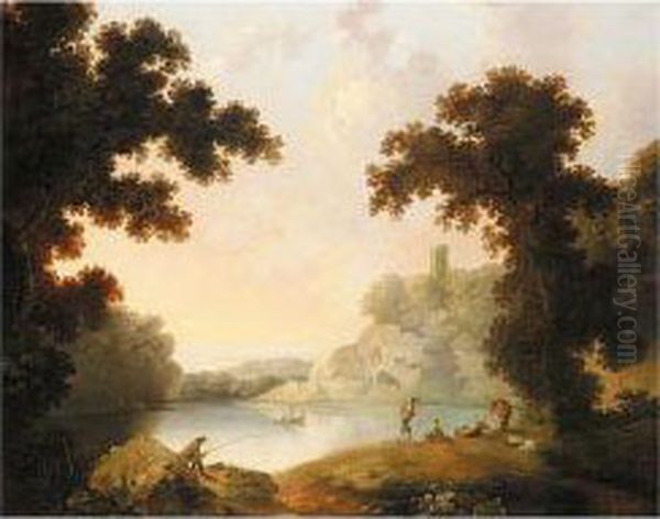 Wooded Landscape With Figures By A Lake, And A Distant Town Oil Painting by George Cuitt