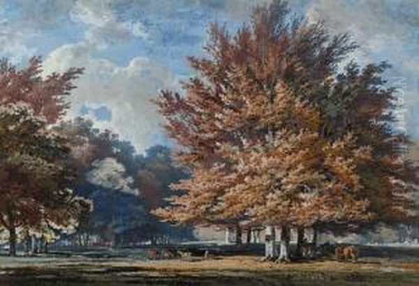 Deer And Horses Beneath Trees In A Parkland Oil Painting by George Cuitt