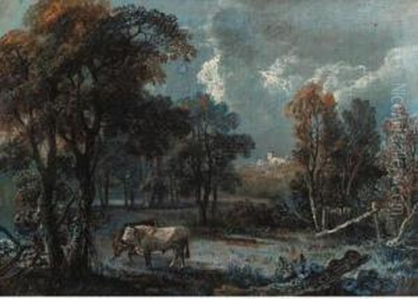 Cattle In A Clearing, A Church Beyond Oil Painting by George Cuitt