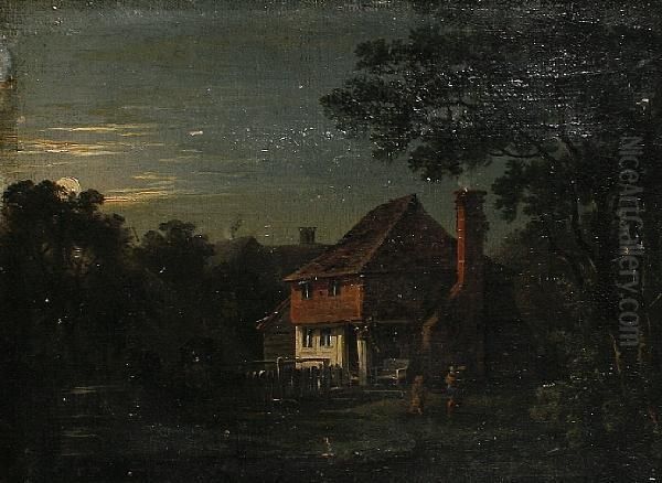 Houses In A Moonlit Landscape Oil Painting by George Jnr Barrett