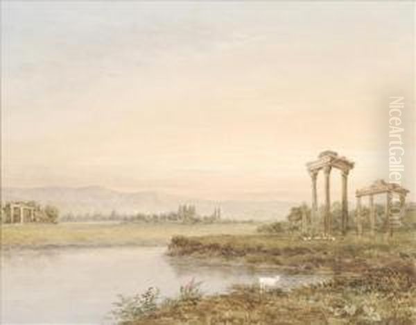 Landscape With Classical Ruins Oil Painting by George Jnr Barrett