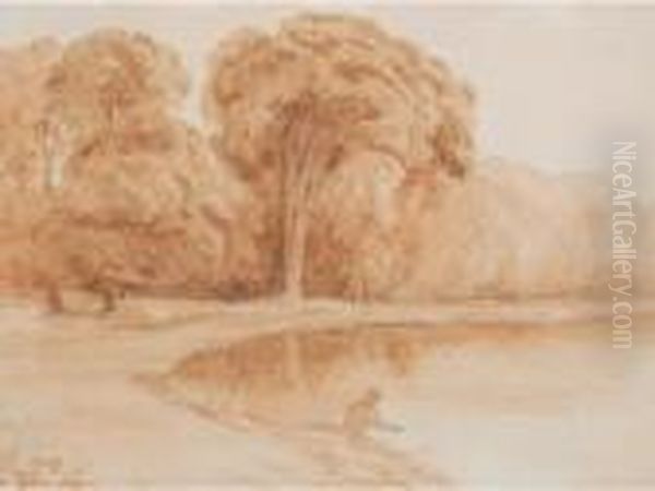 Wooded River Landscape With Man Fishing Oil Painting by George Jnr Barrett