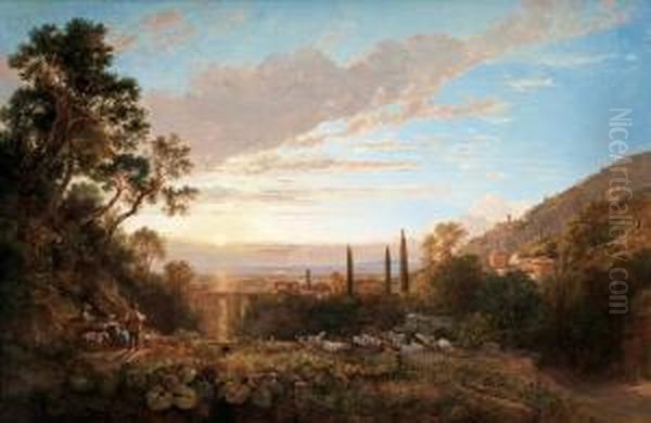 Italian Landscape With A Shepherd's Family In Night Fall Oil Painting by George Jnr Barrett