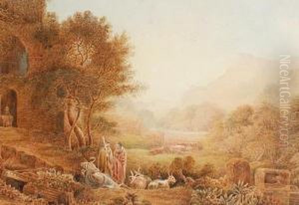 Shepherds In A Landscape Oil Painting by George Jnr Barrett