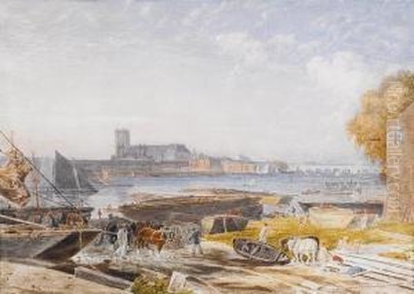 View Of Westminster Abbey From Across Thethames Oil Painting by George Jnr Barrett