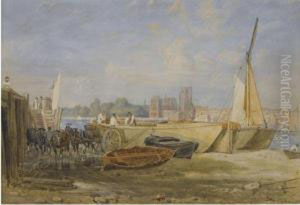 Unloading Sail Barges Near Lambeth Bridge Oil Painting by George Jnr Barrett