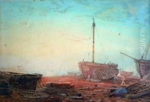 Fishing Boats On The Seashore Oil Painting by George Jnr Barrett