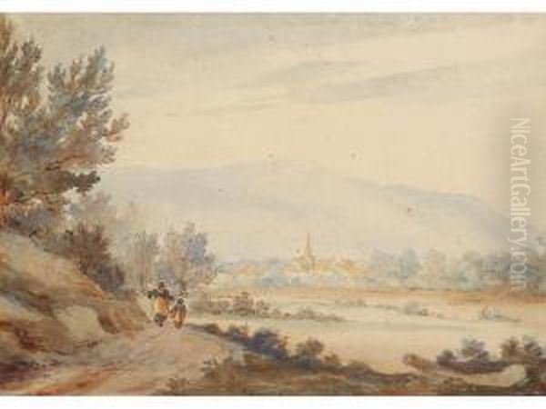 An Alpine Landscape With Figures
 On A Track With A Town And A Church Spire Visible Beyond Oil Painting by George Jnr Barrett