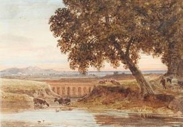 Landscape With Viaduct And Cattle Oil Painting by George Jnr Barrett