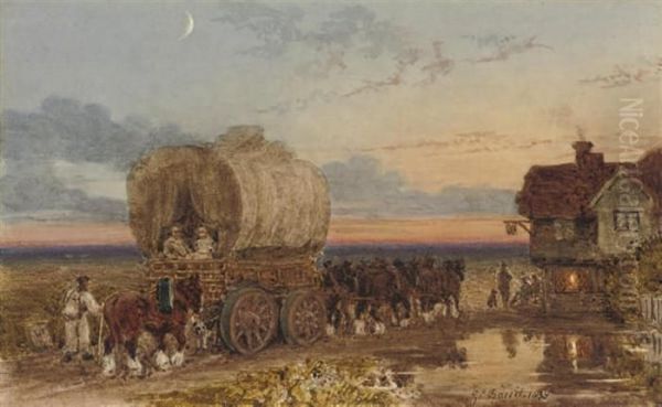 A Hay Wain Arriving At An Inn At Twilight Oil Painting by George Jnr Barrett