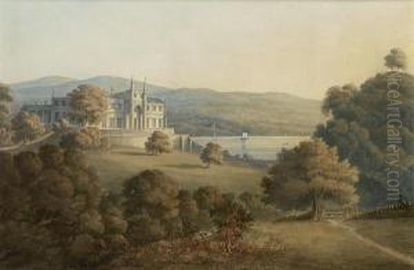 A Country House On A Lake Oil Painting by George Jnr Barrett