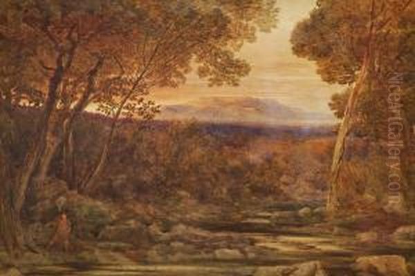 A Scottish River Scene With A Figure At The River Side Oil Painting by George Jnr Barrett