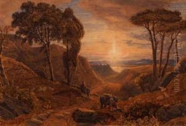 Travellers In An Arcadian Landscape Oil Painting by George Jnr Barrett