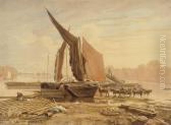 Loading Barges On The Thames Oil Painting by George Jnr Barrett