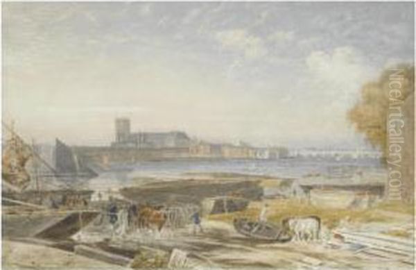 View Of Westminster Abbey From Across The Thames Oil Painting by George Jnr Barrett