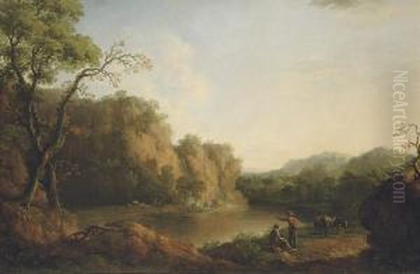 A Rocky Wooded River Landscape With A Waterfall And Figures Andcattle On The Banks Oil Painting by George Jnr Barrett