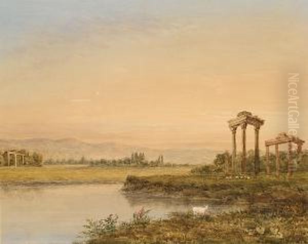 An Italian Landscape With Classical Ruins Oil Painting by George Jnr Barrett