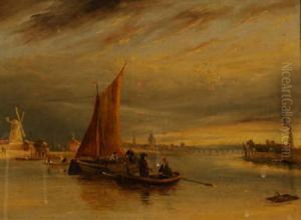 Bargesand Rowing Boats On The River Oil Painting by George Jnr Barrett