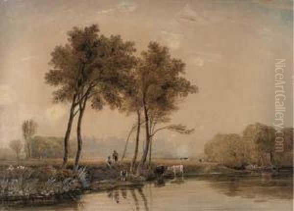 Anglers On The Banks Of The Thames Before Windsor Castle Oil Painting by George Jnr Barrett