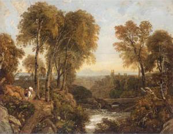 Figures On A Wooded Path By A River, A Castle And Mountains Beyond Oil Painting by George Jnr Barrett