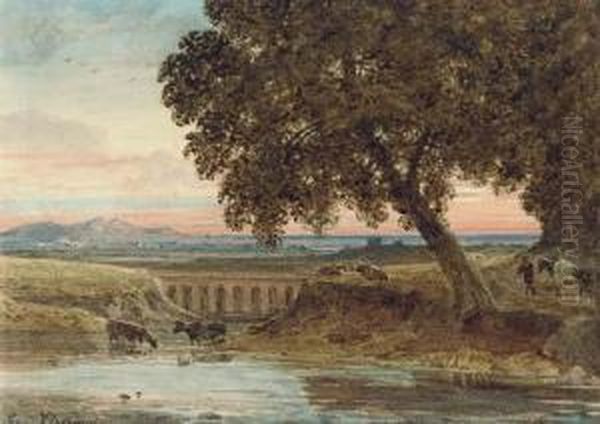 Cattle Watering By A Viaduct In The Evening Light Oil Painting by George Jnr Barrett