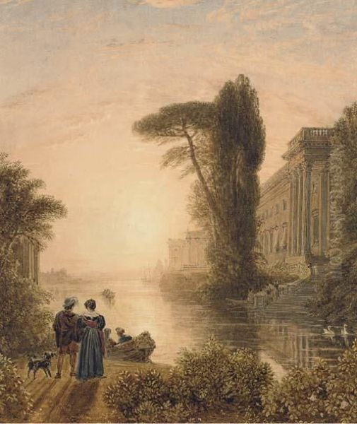 Classical Figures In An Arcadian Landscape Oil Painting by George Jnr Barrett