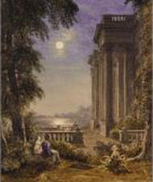 Figures In The Moonlight By A Classical Building Oil Painting by George Jnr Barrett