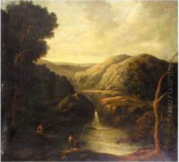 A River Landscape With Figures Fishing Near A Waterfall Oil Painting by George Jnr Barrett