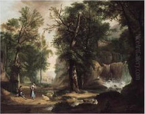 Landscape With Rustics And Sheep By A Waterfall Oil Painting by George Jnr Barrett