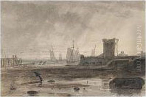 Porchester Castle, Hampshire At Low Tide Oil Painting by George Jnr Barrett