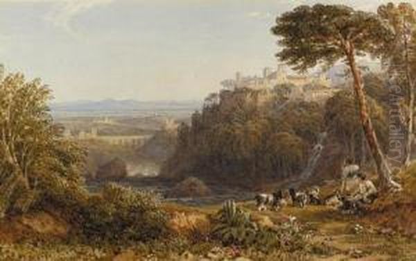 Figures In Classical Dress On A Hillside Above Tivoli Oil Painting by George Jnr Barrett