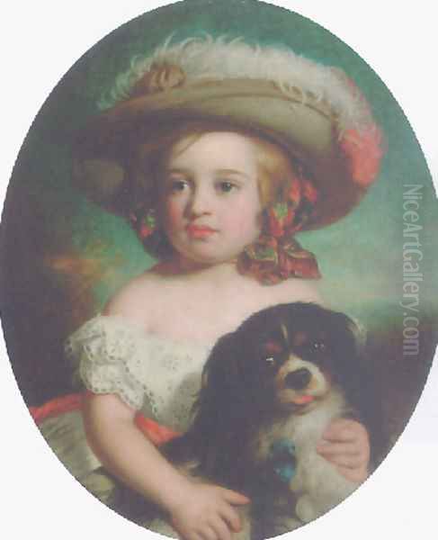 Portrait of a young girl, in a white dress and a plumed hat, with a spaniel 1870 Oil Painting by Charles Baxter