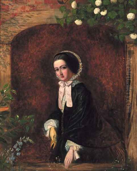 A portrait of a young woman, small three-quarter-length, in a black dress and bonnet, at a casement Oil Painting by Charles Baxter