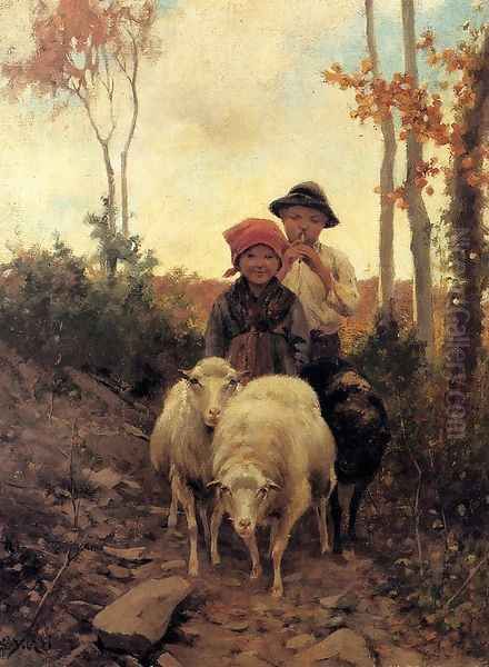 Children With Sheep On A Path Oil Painting by Stefano Bruzzi