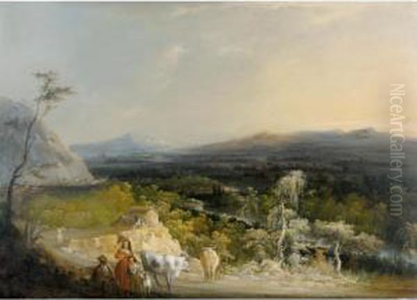 Paisaje Con Campesinos Y Ganado (figures And Cows In A Landscape) Oil Painting by Manuel Barron y Carrillo